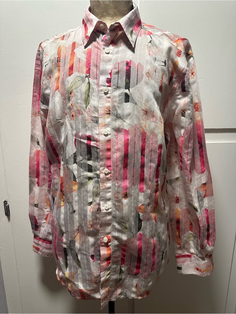 Class Roberto Cavalli Pink and White Floral Stripe Button-Down Shirt